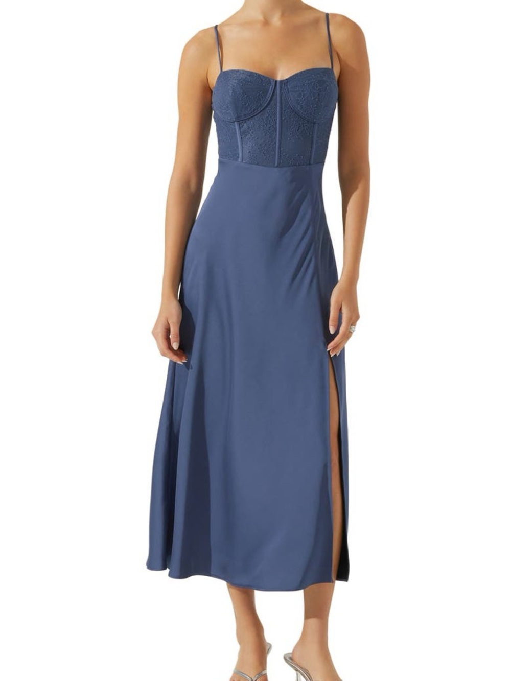 ASTR the Label Dark Blue Satin and Lace Dress